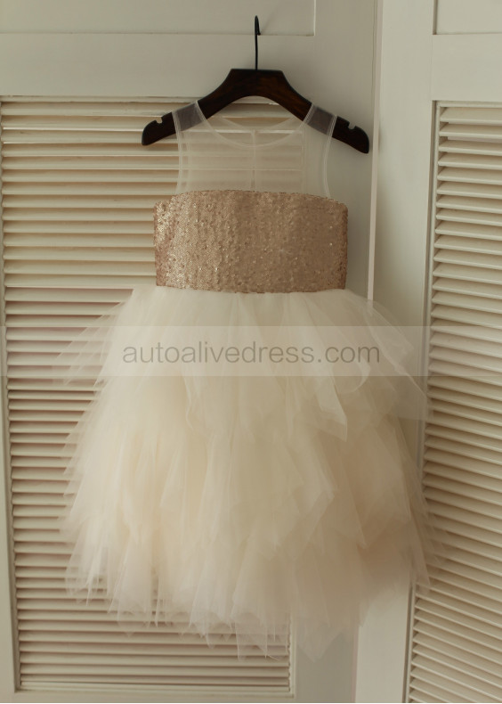 Sheer Neck Champagne Sequin Tulle Ruffled Timeless Flower Girl Dress